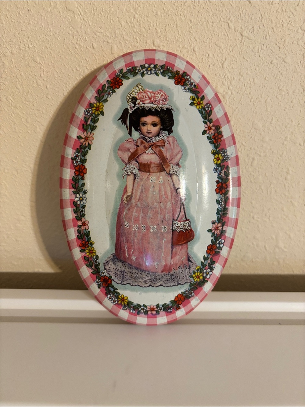 Pink Floral Oval Wall Plaque with Doll Illustration
